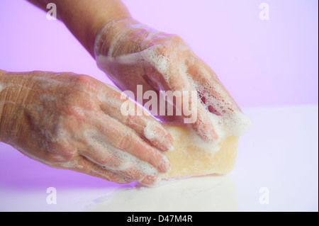 A woman's hands with soap and suds Stock Photo