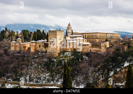 Alhambra palace snow-capped in winter. Granada, Andalusia, Spain Stock ...