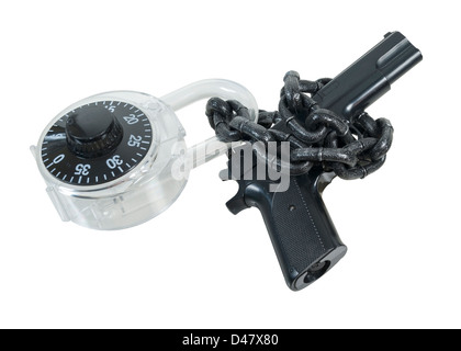 Black hand gun wrapped in large chain locked with a padlock - path included Stock Photo