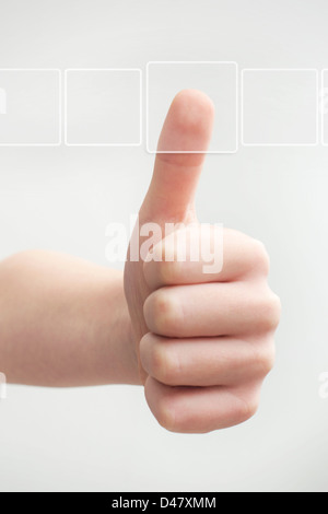 Thumb finger pushing transparent virtual button frame on light background Stock Photo