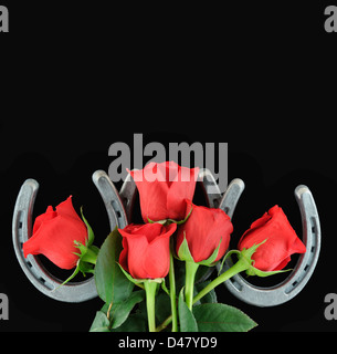 Silver horseshoes with five red roses with extra copy space above, studio shot isolated on black background. Stock Photo