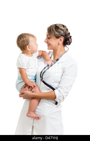 kindly pediatrist doctor holding cute baby on hands isolated on white Stock Photo