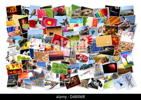 a stack of printed pictures on white background Stock Photo