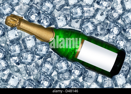 bottle of champagne on ice cubes Stock Photo