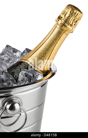 bottle of champagne in cooler with ice cubes Stock Photo