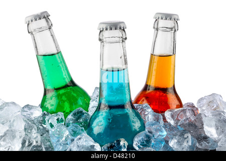 bottles with soft drinks in ice cubes Stock Photo