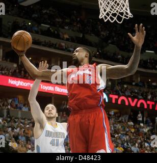 March 7, 2013 - Denver, Colorado, U.S - Clippers DEANDRE JORDAN, center, grabs a rebound against the Nuggets during the 1st. half at the Pepsi Center Thursday night. The Nuggets beat the Clippers 107-92. (Credit Image: © Hector Acevedo/ZUMAPRESS.com) Stock Photo