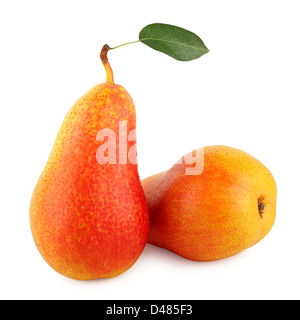 Two pears with leaf isolated on white background Stock Photo