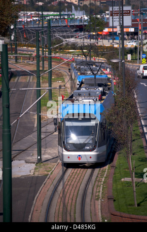 Fast Tram on Line T1 in Istanbul. Taken from a bridge over the tracks in the district on Eminonu Stock Photo