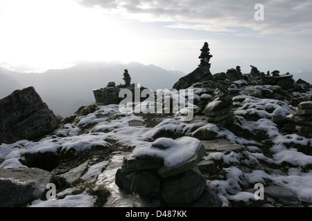 The peak of Chandrashila, the lowest Himalayan peak that is named (4100m), in the heart of the Garhwal mountains, at sunrise. Stock Photo