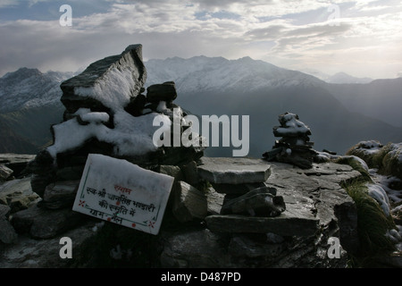 The peak of Chandrashila, the lowest Himalayan peak that is named (4100m), in the heart of the Garhwal mountains, at sunrise. Stock Photo