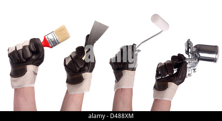 hands with different tools in gloves Stock Photo