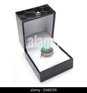 Round turquoise cabachon ring with marcasite in gift box. Isolated on white background. Stock Photo