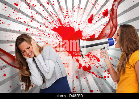 Girl shouting at friend through a megaphone