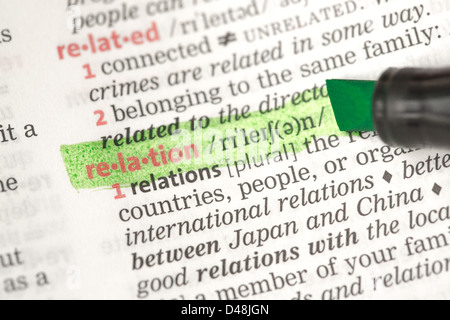 Relation definition highlighted in green Stock Photo