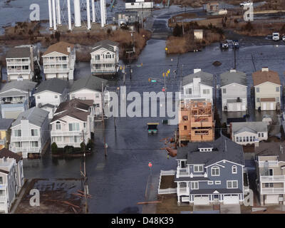 Aerial view of floods caused by a winter storm March 7, 2013 in Ocean City, NJ., Thursday, March 7, 2013, after a winter storm passed through the area. The area is still recovering from storm damage caused by Hurricane Sandy. Stock Photo