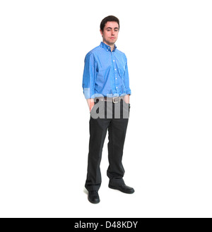 Full length portrait of young man with hands in pockets isolated on white background Stock Photo