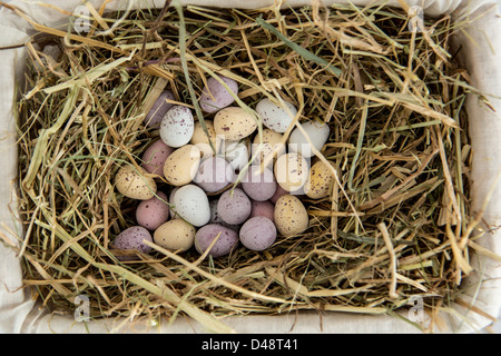 Little candy easter eggs in a basket Stock Photo