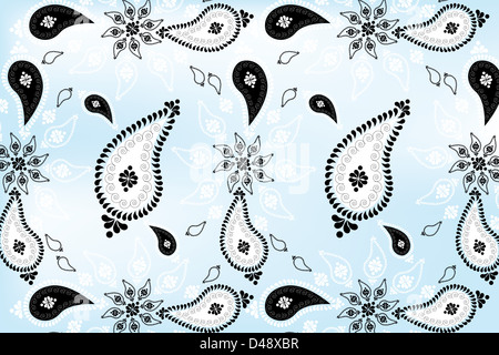 Hand drawn Indian paisley pattern on shimmering blue background - illustration Stock Photo