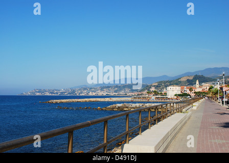Small village on Mediterranean sea in summer, Santo Stefano al Mare, Liguria, Italy Stock Photo
