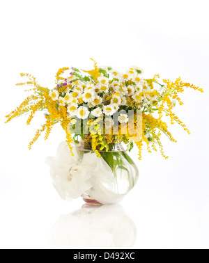 Beautiful bouquet of wildflowers in vase isolated on white Stock Photo