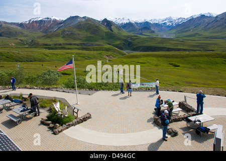 Park visitors and view south of Alaska Range, Eielson Visitor Center, Denali National Park, Alaska, USA Stock Photo