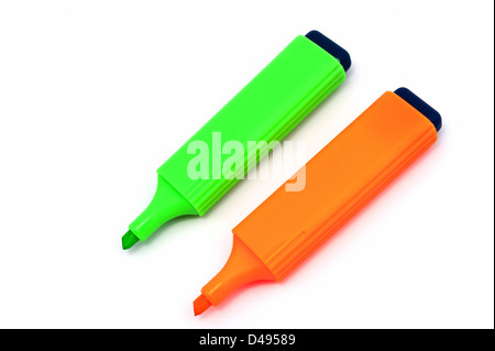 Two different color highlighters on white background Stock Photo