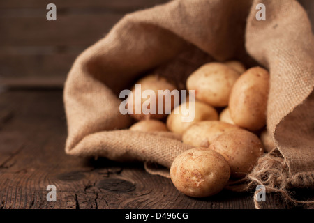 Harvest potatoes in burlap sack on rustic background Stock Photo