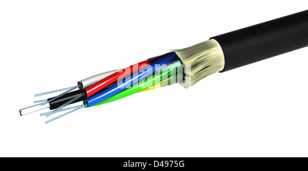 Stripped optical fiber cable isolated over white background Stock Photo