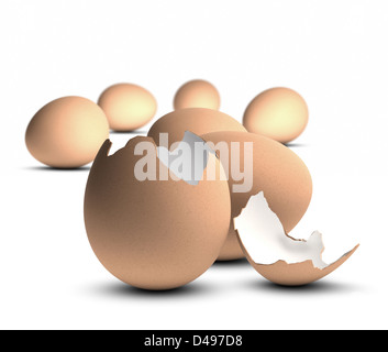 One open egg and many whole eggs, white background, concept of uniqueness Stock Photo