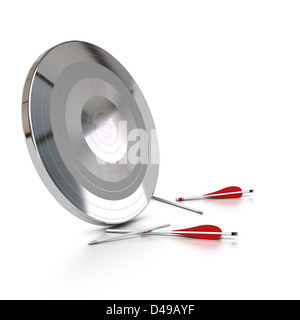 one metal target and two red arrows on the floor, arrows are broken, white background Stock Photo