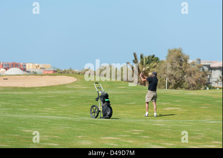 Golfer taking a swing on the fairway of golf course Stock Photo