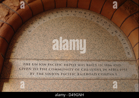 Archway memorial to the 1886 Union Pacific Railroad Depot being given to the community 1993, Cheyenne, Wyoming, USA Stock Photo