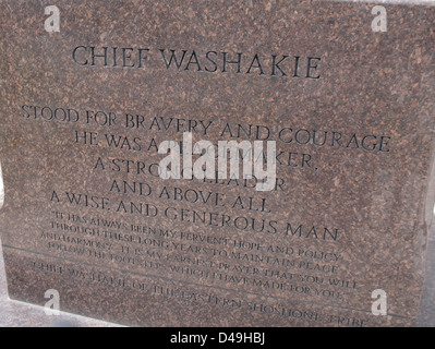 Brown granite plinth inscription base Chief Washakie Statue, Wyoming State Capitol, Cheyenne, USA Stock Photo