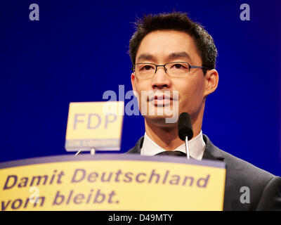 Berlin, Germany. 9th March, 2013. The 64th party convention of Germany´s liberal Free Democratic Party (FDP) is held on the weekend of 9 -10 March 2013 at the Estrel Convention Center Berlin. During the convention, the Liberals elect their new leaders.The FDP party congress, originally scheduled for May, had been pushed forward by two months.  On Picture: Speech by the National Chairman of the FDP Dr. Philipp Rösler at the 64th National Party Convention of the FDP Stock Photo