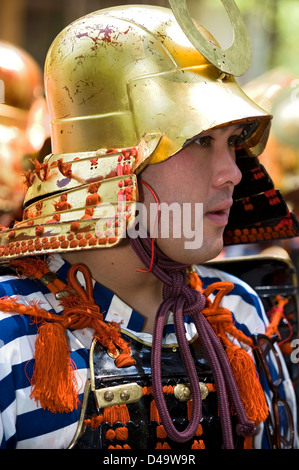 Weekend samurai warrior dressed in armor with helmet partakes in the annual spring Shunki Reitaisai Grand Festival parade, Nikko Stock Photo