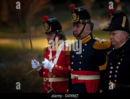 Members of the US Army Old Guard march during a ceremonial burial with full military honors at Arlington National Cemetery for two Sailors recovered from the ironclad USS Monitor March 8, 2013 in Arlington, VA. The Monitor sank off Cape Hatteras, NC in 1862. Stock Photo