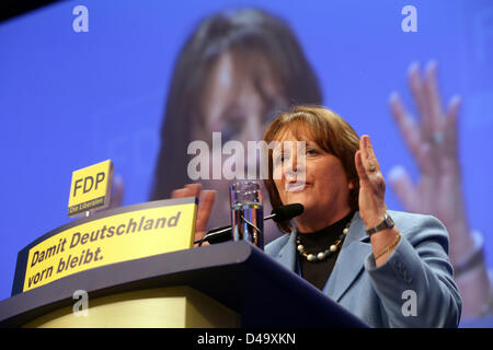 Berlin, Germany, 9th March, 2013Chairwoman of the Bavaria's FDP and German Minister of Justice Sabine Leutheusser-Schnarrenberger delivers a speech during the federal party conference of the FDP in Berlin, Germany, 09 March 2013. Roesler was confirmed as the FDP's party chairman for an additional two-year term. Photo: Michael Kappeler/dpa/Alamy Live News Stock Photo