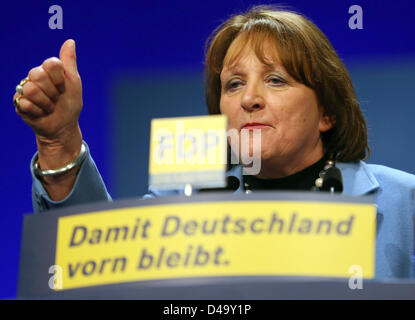 German Foreign Minister of Justice and chairwoman of the Bavarian FDP Sabine Leutheusser-Schnarrenberger delivers a speech at the federal party conference of the FDP in Berlin, Germany, 09 March 2013. Roesler was reelected and confirmed as the FDP's party chairman for another two-year term in office. Photo: Hannibal Hanschke Stock Photo