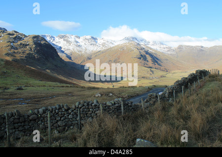 The Band, Crinkle Crags and Bow Fell at the head of Great Langdale valley from near Side PIke, Cumbria, UK Stock Photo