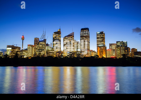 Evening view of skyline of financial district in Sydney Australia Stock Photo
