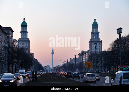 Berlin, Germany, Karl-Marx-Allee and the gatehouses at Frankfurter Tor in the evening light Stock Photo