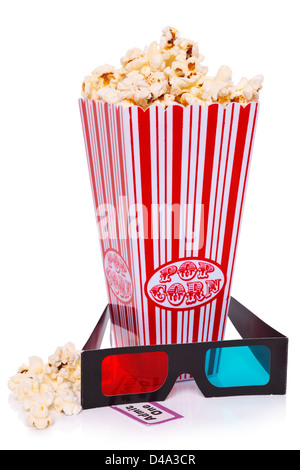 Box of Popcorn, 3D Glasses and an Admit One ticket isolated on a white background. Stock Photo