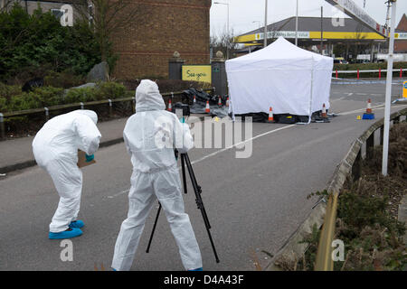 Grays, Essex. 10th March, 2013. Police appeal for witnesses after 35 year old male was assaulted in the early hours of this morning in Grays, Essex. He later died of his injuries in Queens Hospital at Romford. Scenes of Crime officers attend the scene to collect forensic evidence. Stock Photo