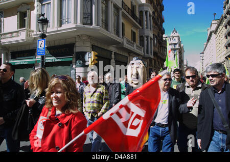 Barcelona, Spain. 10th March, 2013. Protests against Spanish and Catalonian government welfare cuts due to the economic crisis and the imposition of austerity as the remedy to resolve the crisis. CCOO (Comisiones Obreras) union labor trade. Stock Photo