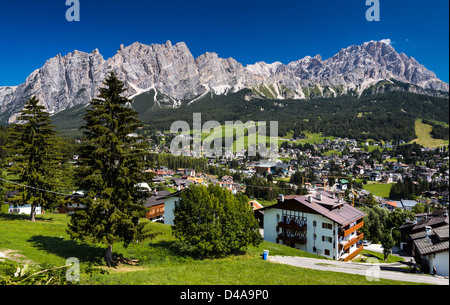 Cortina d'Ampezzo it is a popular mountaineering city, located in the heart of the Dolomites in an alpine valley. Stock Photo