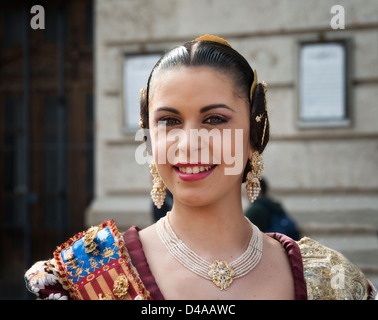 Las Fallas Spanish girl wearing Fallera traditional costume in Valencia ...