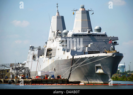 The USS San Antonio (LPD 17), an amphibious transport dock ship, undergoes repairs at a Portsmouth, Virginia, shipyard. Stock Photo