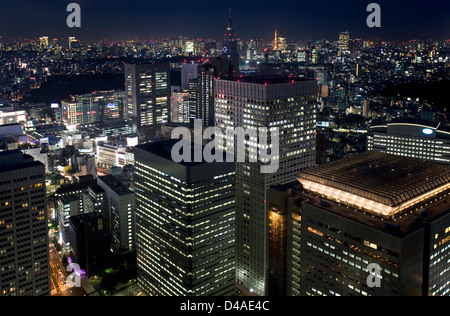 Evening city skyline aerial view of skyscraper high-rise corporate office buildings in Nishi Shinjuku (West Shinjuku), Tokyo Stock Photo