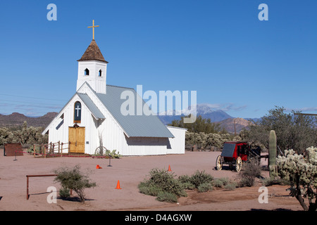 A church and a horse carriage in a  Ghost Town close to Goldfield, Arizona. Stock Photo